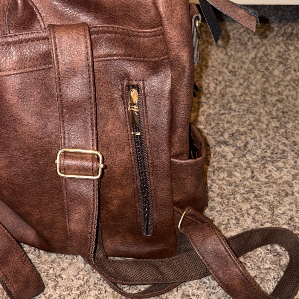 Dora & Liz Elegant Brown Leather Backpack with Pockets - Picture 8 of 10